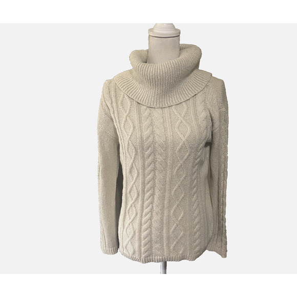 Talbots Alpaca Wool Blend Cable Knit‎ Sweater Sz M Cream Metallic Cowl Neck NOTE - Picture 1 of 9